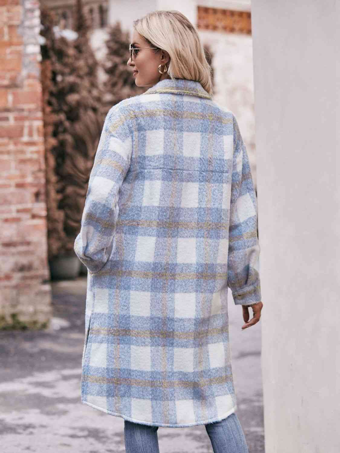 Plaid Dropped Shoulder Slit Coat - Body By J'ne