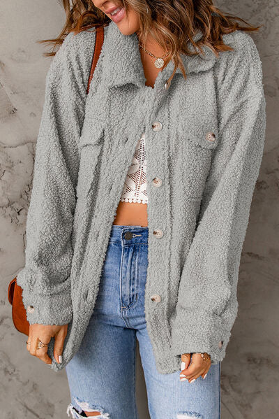 Fuzzy Button Up Pocketed Jacket - Body By J'ne