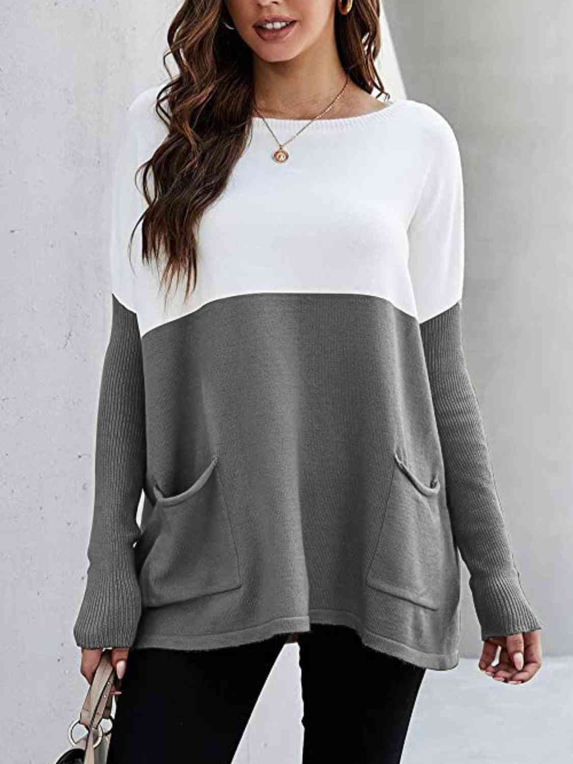 Two Tone Pullover Sweater with Pockets - Body By J'ne