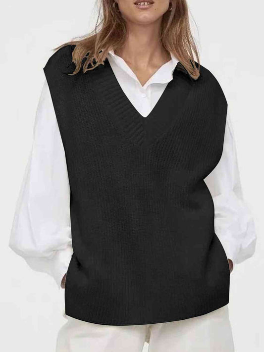 Focused V-Neck Slit Sweater Vest - Body By J'ne