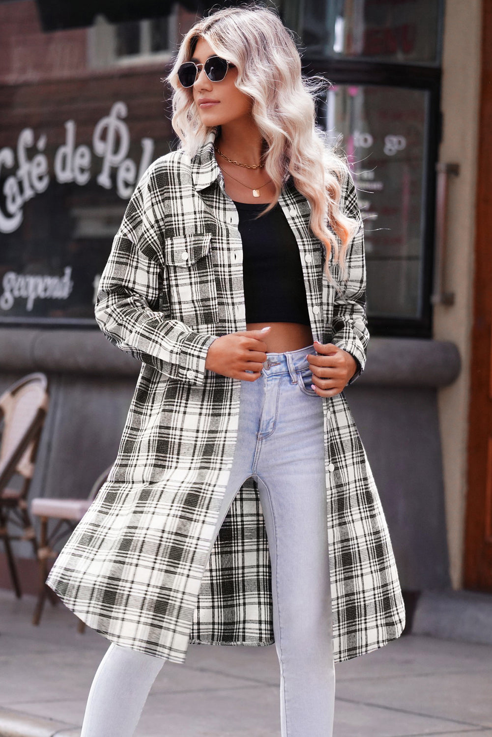 Plaid Button-Up Longline Shacket with Breast Pockets - Body By J'ne