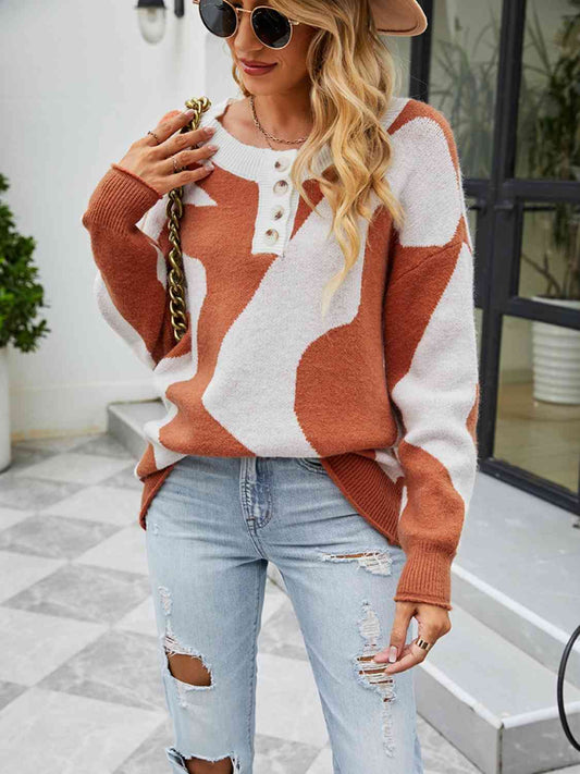 Buttoned Round Neck Drop Shoulder Sweater - Body By J'ne