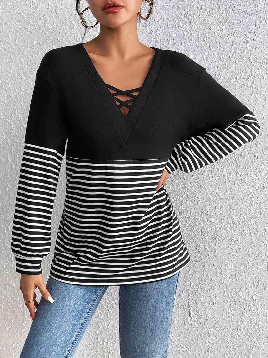 Striped Crisscross V-Neck Long Sleeve T-Shirt - Body By J'ne