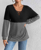 Striped Crisscross V-Neck Long Sleeve T-Shirt - Body By J'ne