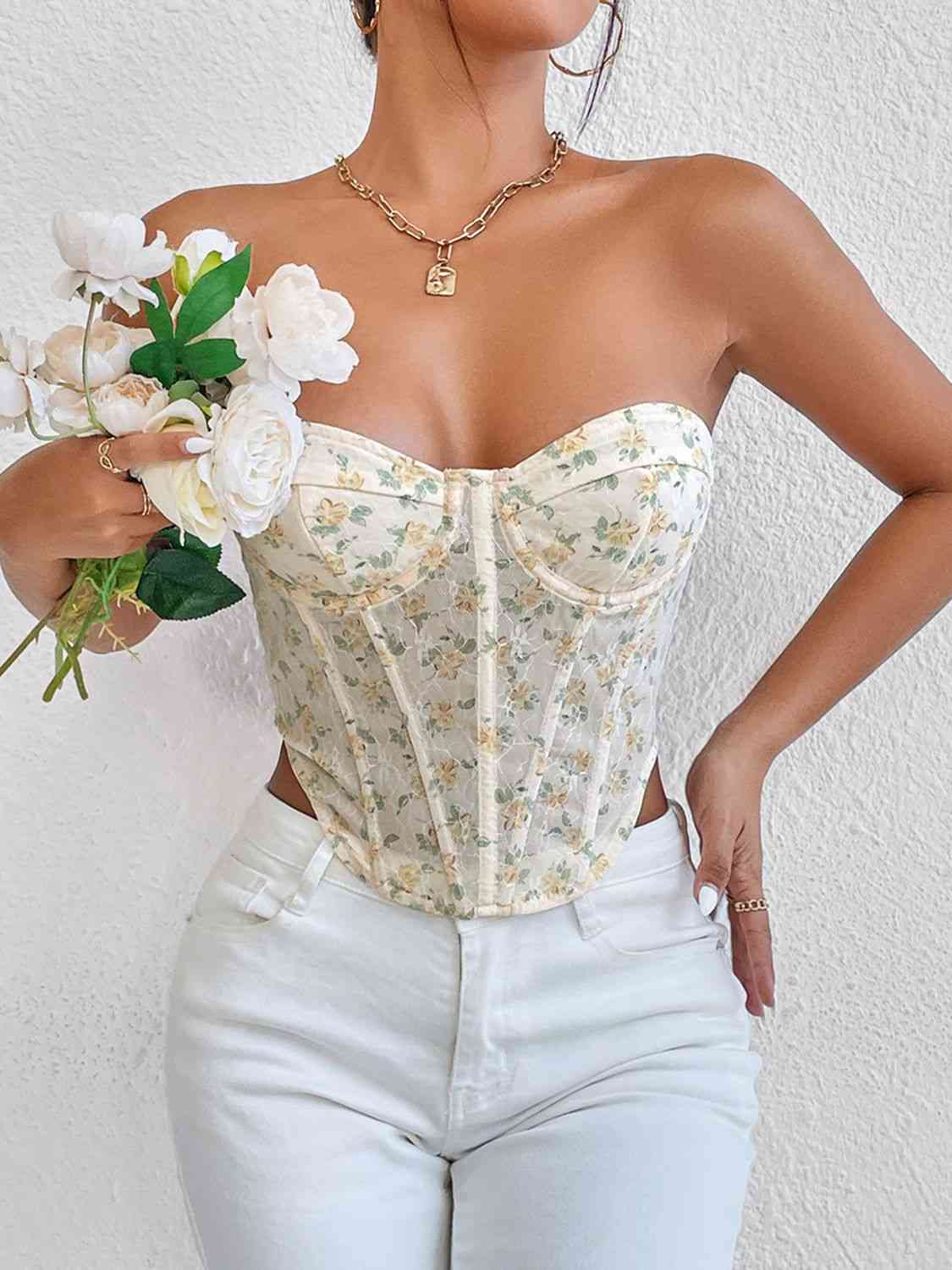 Floral Lace-Up Strapless Bustier - Body By J'ne