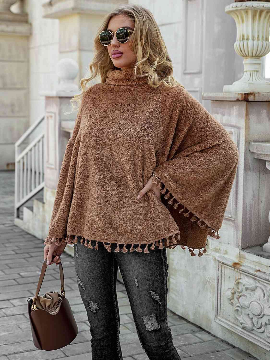 Full Size Turtleneck Tassel Hem Poncho - Body By J'ne