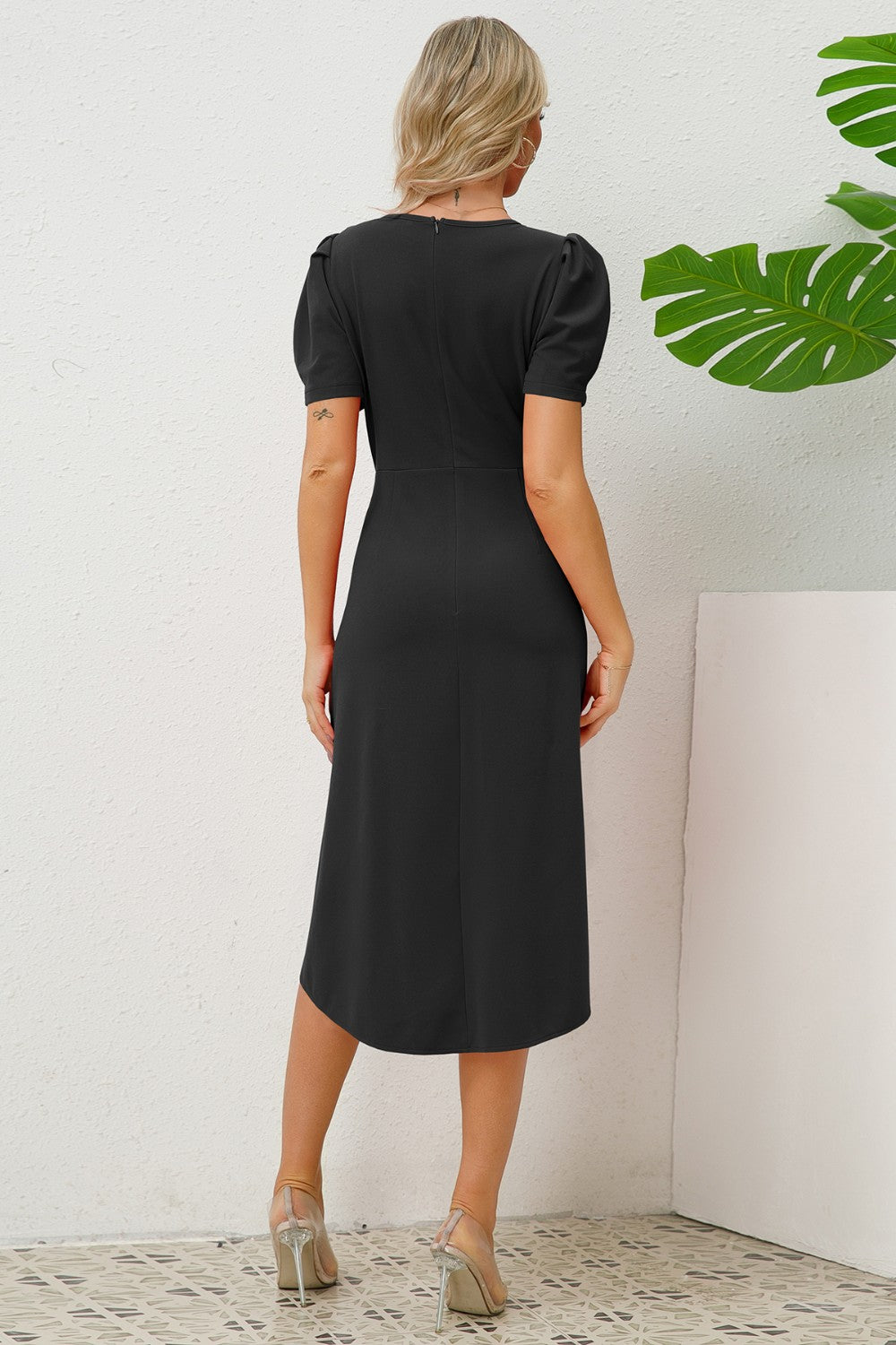 Slit Ruched Round Neck Puff Sleeve Dress - Body By J'ne