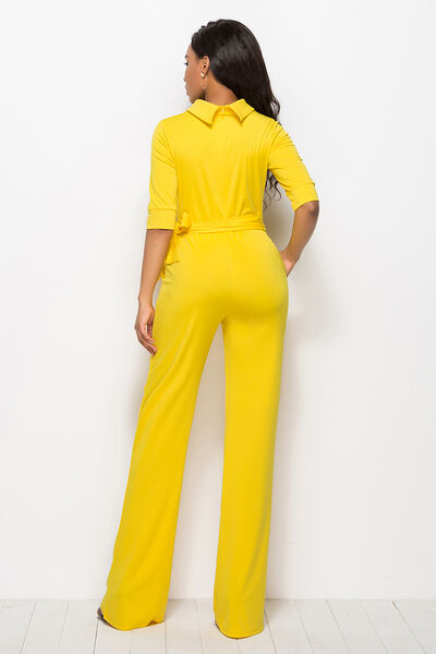 Mock Neck Tie-Waist Half Sleeve Jumpsuit - Body By J'ne