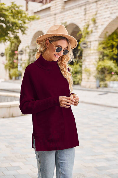 Ribbed Turtleneck Long Sleeve Slit Sweater - Body By J'ne