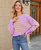 Round Neck Striped Lantern Sleeve Sweater - Body By J'ne