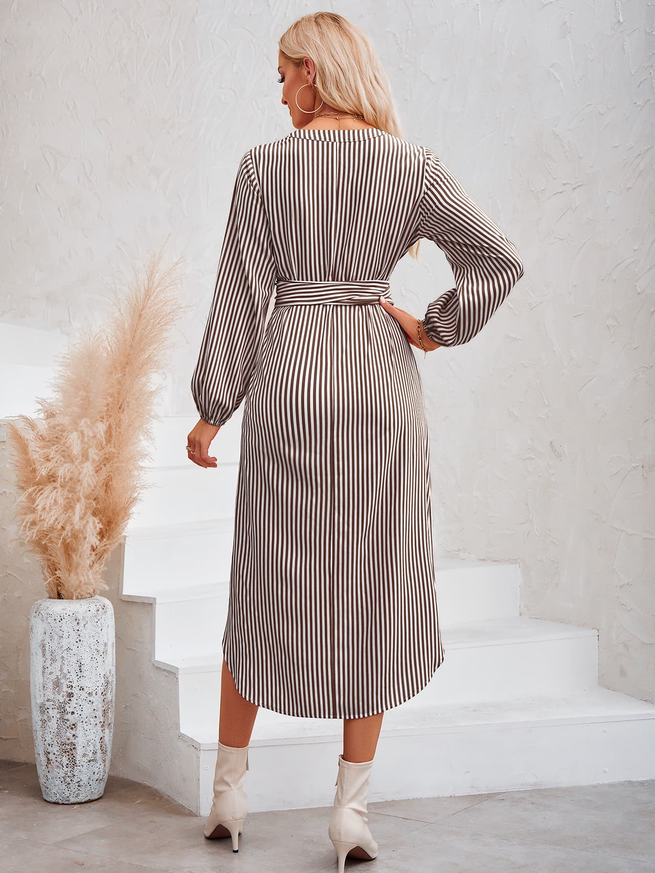 Striped Notched Neck Curved Hem Long Sleeve Dress - Body By J'ne