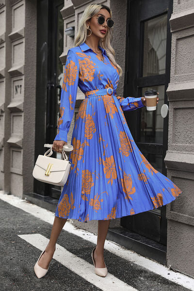 Floral Pleated Surplice Long Sleeve Midi Dress - Body By J'ne