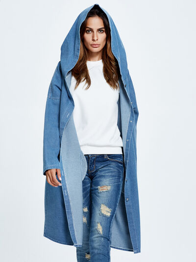 Button Up Dropped Shoulder Hooded Denim Top - Body By J'ne
