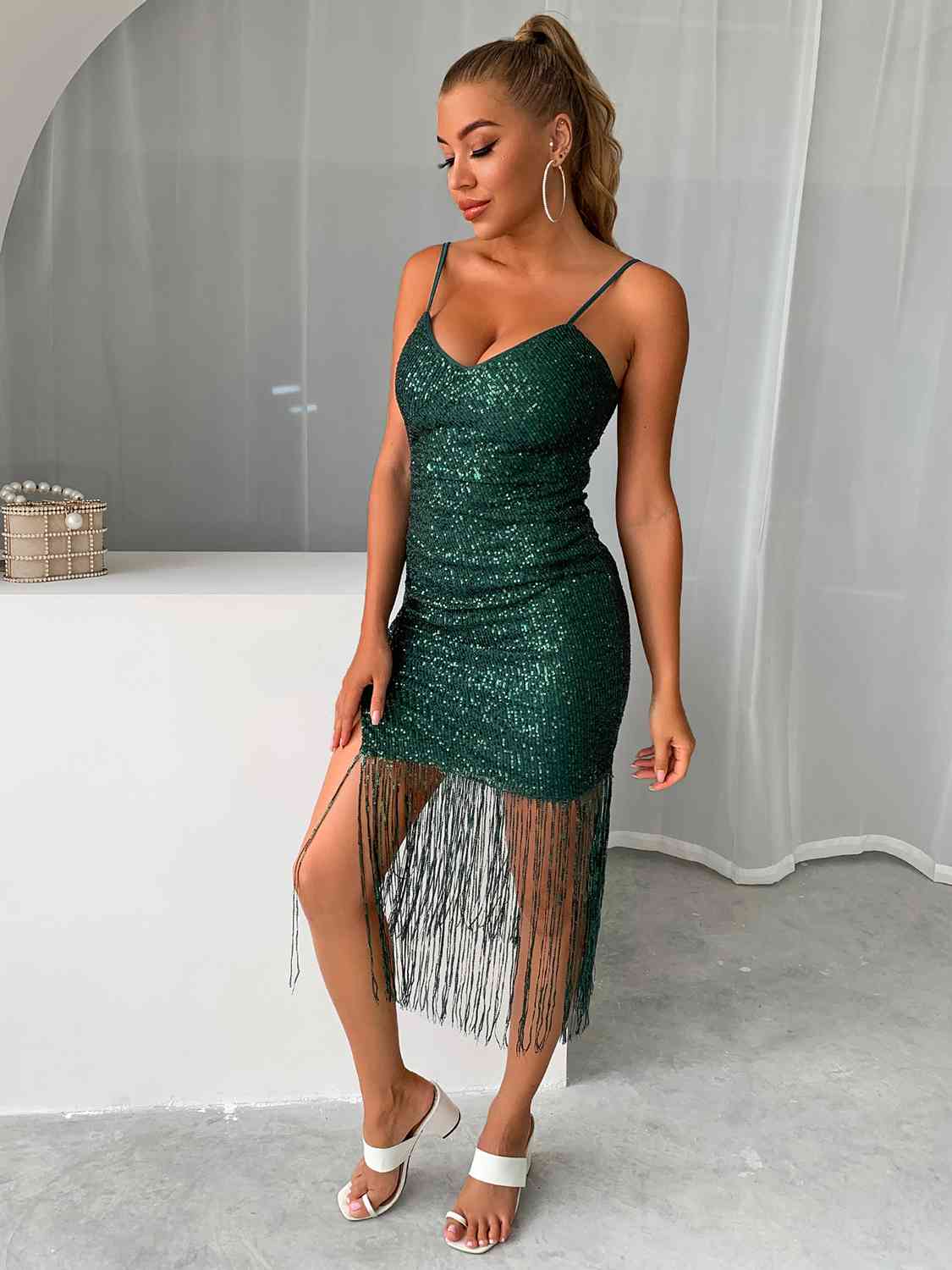 Sequin Fringe Spaghetti Strap Dress - Body By J'ne