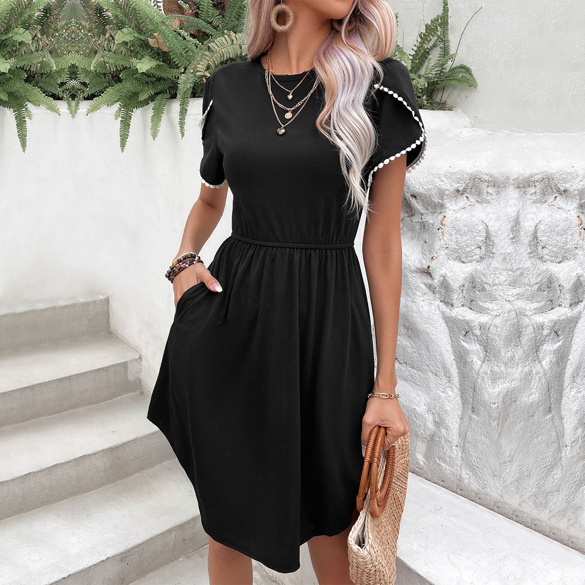 Round Neck Petal Sleeve Dress with Pockets - Body By J'ne