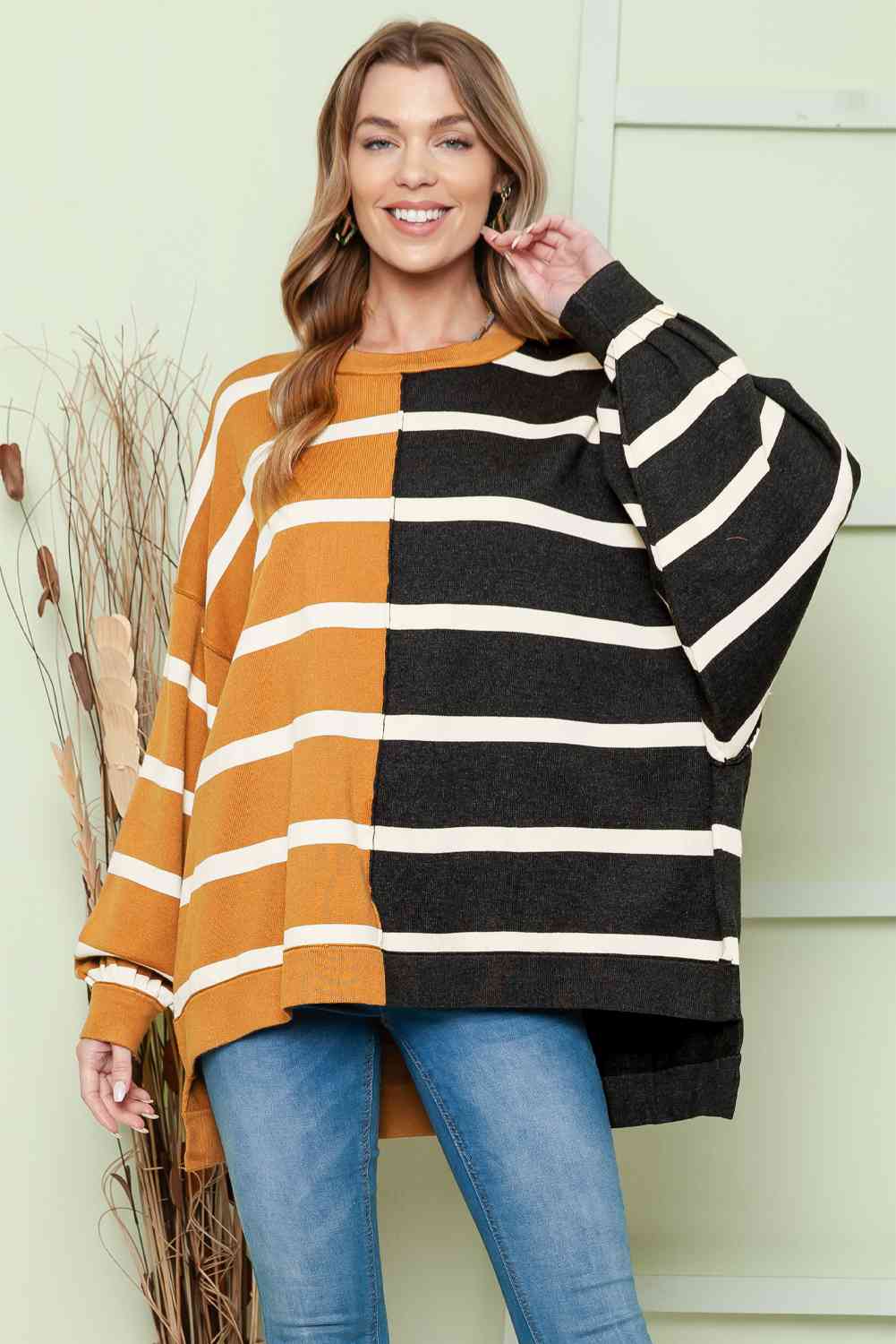 Striped Dropped Shoulder Round Neck Blouse - Body By J'ne