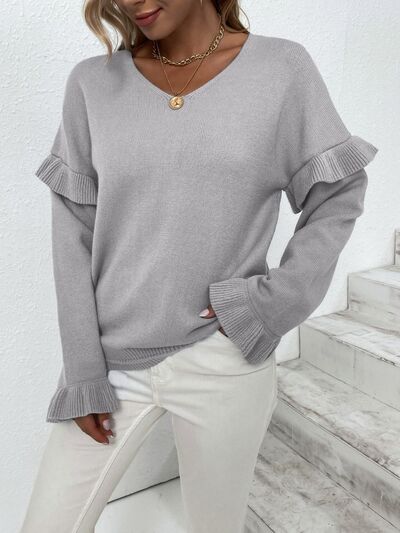 Ruffled V-Neck Dropped Shoulder Sweater - Body By J'ne