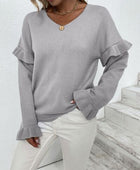 Ruffled V-Neck Dropped Shoulder Sweater - Body By J'ne