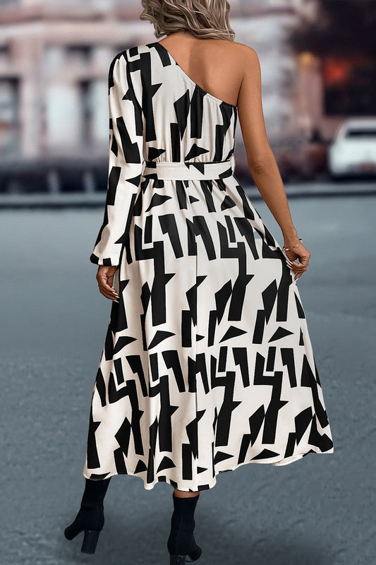 Printed One-Shoulder Tie Waist Dress - Body By J'ne