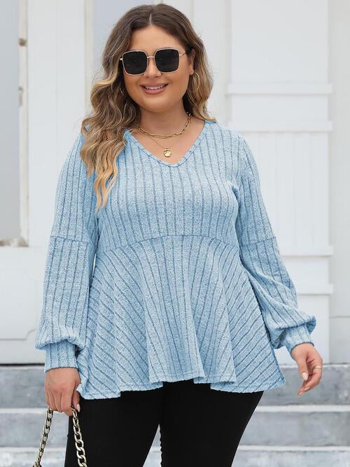 Plus Size Ribbed V-Neck Long Sleeve Blouse - Body By J'ne