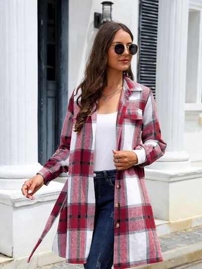 Plaid Belted Collared Neck Button Up Jacket - Body By J'ne