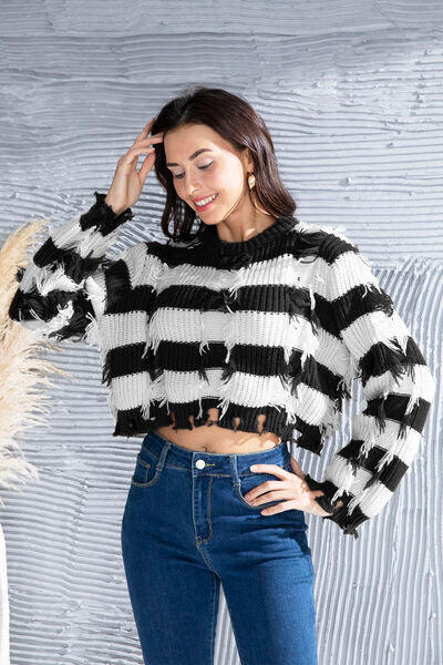 Striped Fringe Round Neck Sweater - Body By J'ne