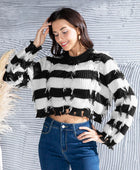 Striped Fringe Round Neck Sweater - Body By J'ne