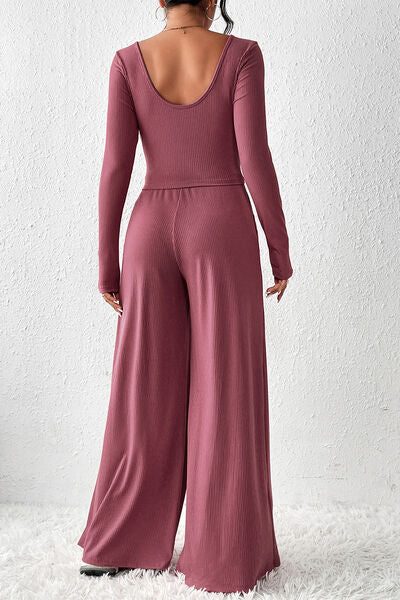 Ribbed Round Neck Top and Wide-Leg Pants Set - Body By J'ne