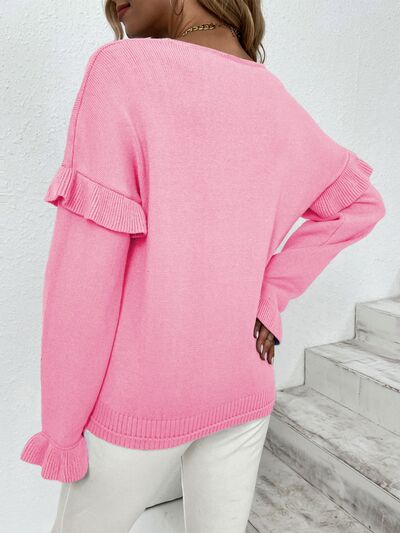 Ruffled V-Neck Dropped Shoulder Sweater - Body By J'ne