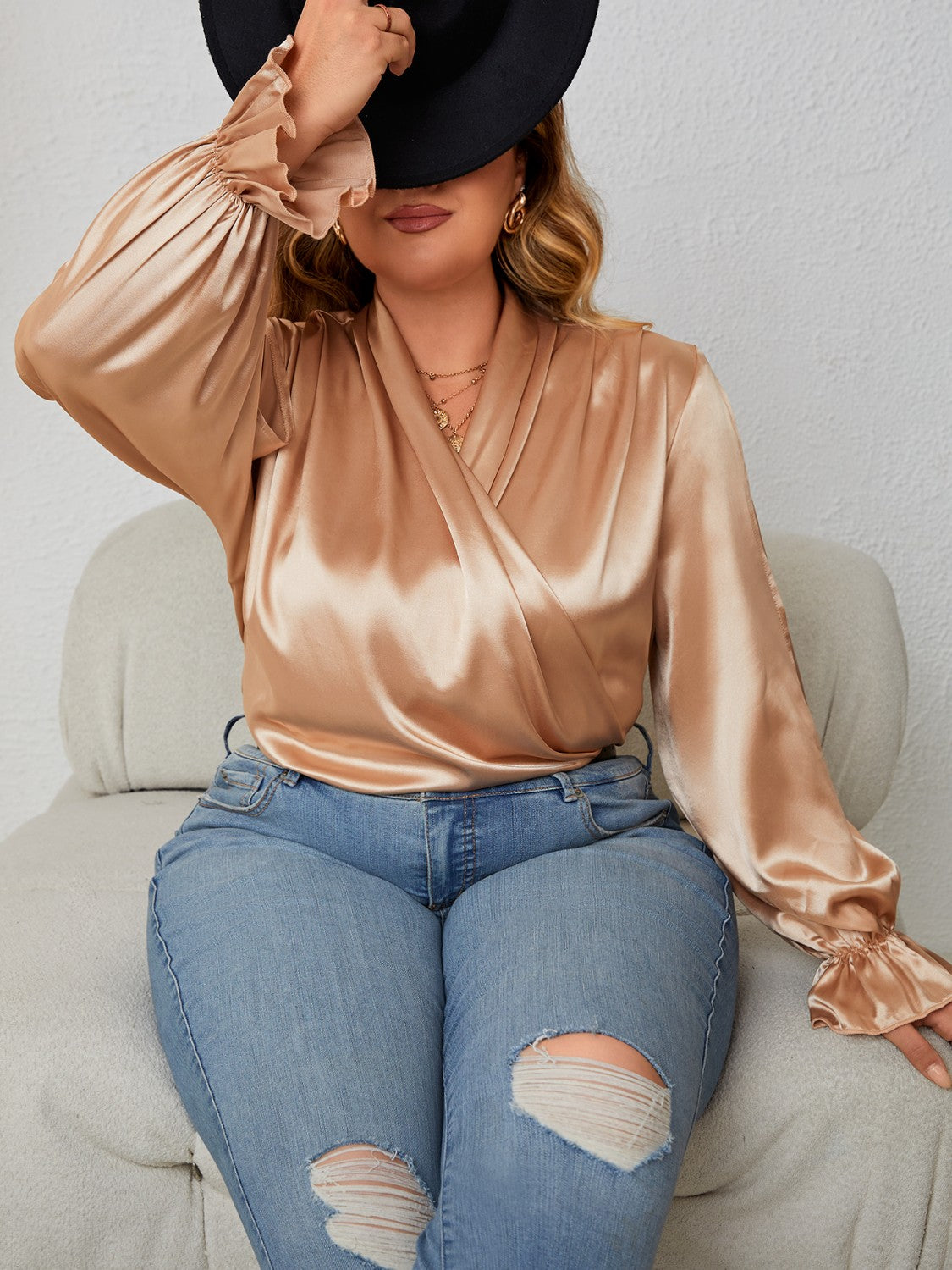 Plus Size Surplice Neck Flounce Sleeve Blouse - Body By J'ne