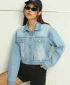 Distressed Button Up Denim Jacket with Pockets - Body By J'ne