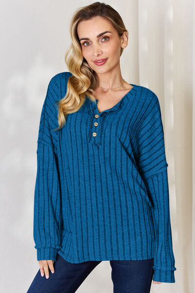 Full Size Ribbed Half Button Long Sleeve T-Shirt - Body By J'ne