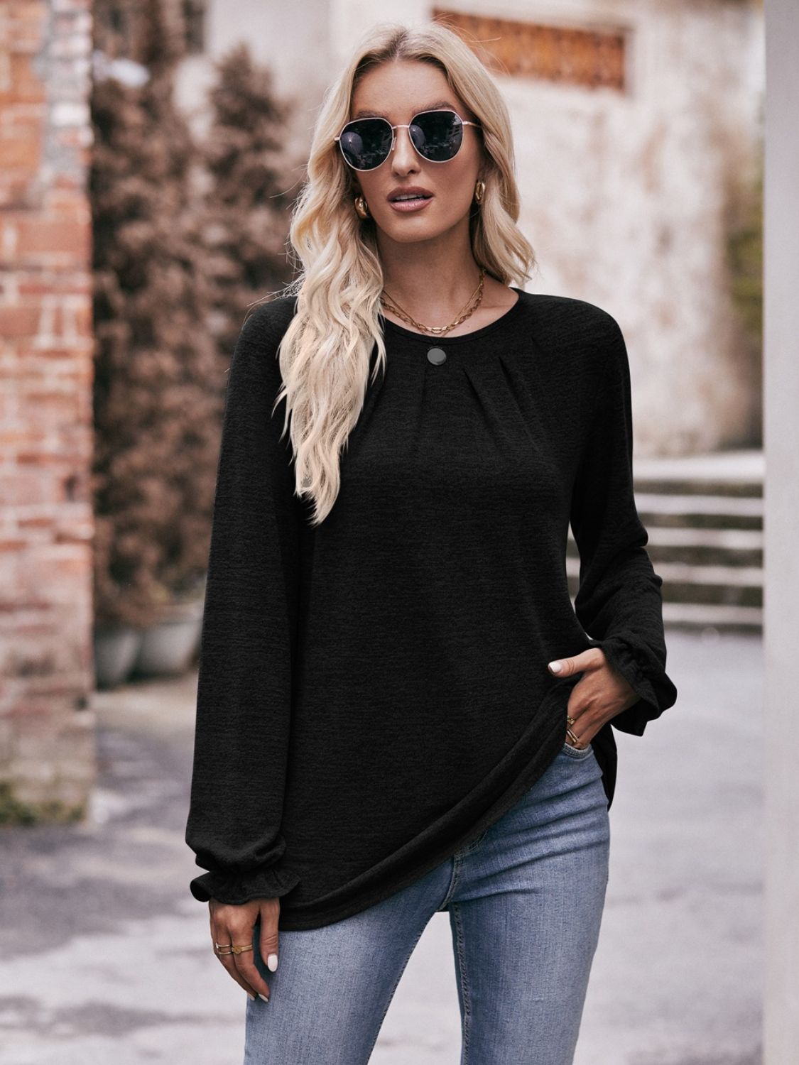Long Flounce Sleeve Round Neck Blouse - Body By J'ne