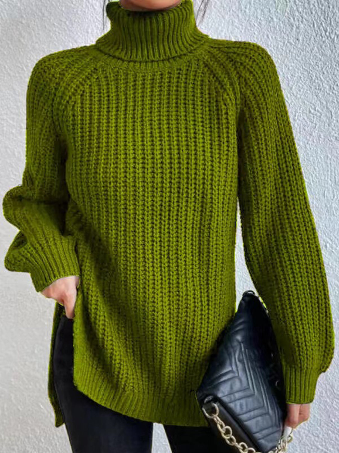 Full Size Turtleneck Rib-Knit Slit Sweater - Body By J'ne