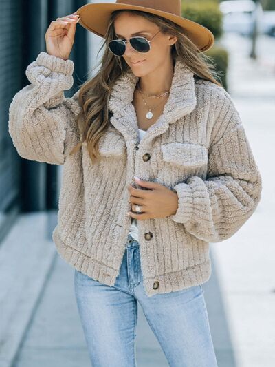 Fuzzy Button Up Collared Neck Jacket - Body By J'ne