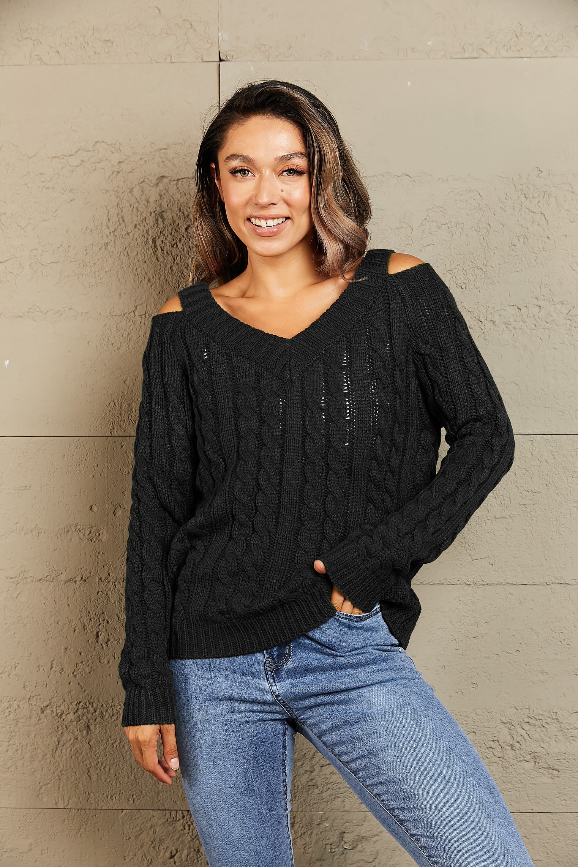 Cable-Knit Cold-Shoulder Long Sleeve Sweater - Body By J'ne