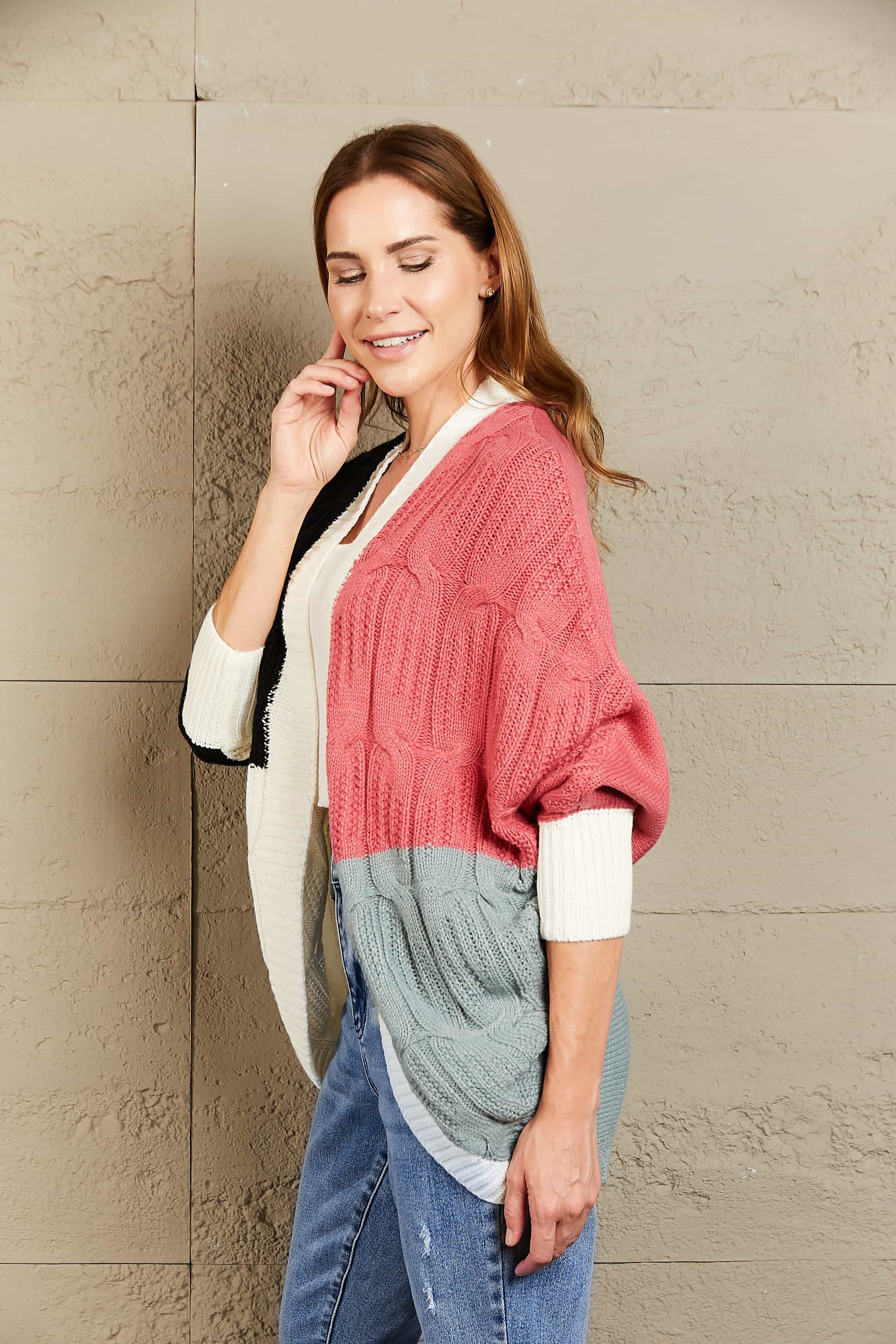 Color Block Cable-Knit Batwing Sleeve Cardigan - Body By J'ne