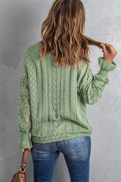 Openwork Lantern Sleeve Dropped Shoulder Sweater - Body By J'ne