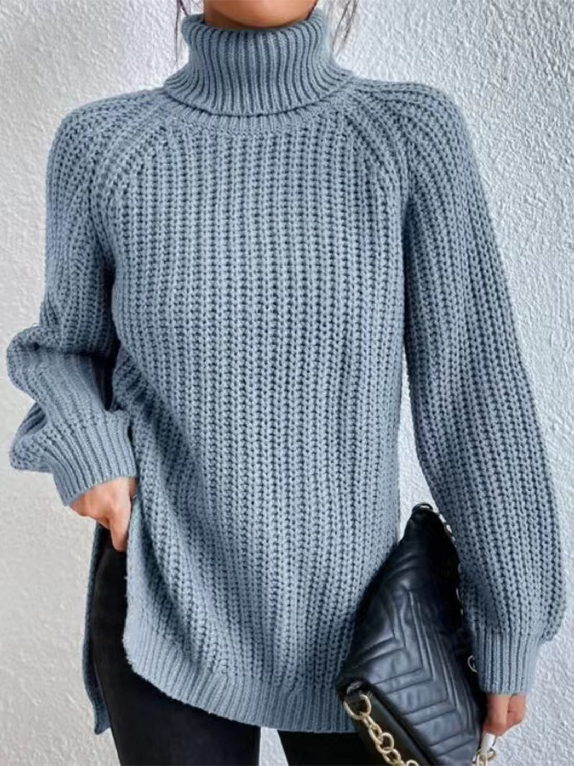 Full Size Turtleneck Rib-Knit Slit Sweater - Body By J'ne
