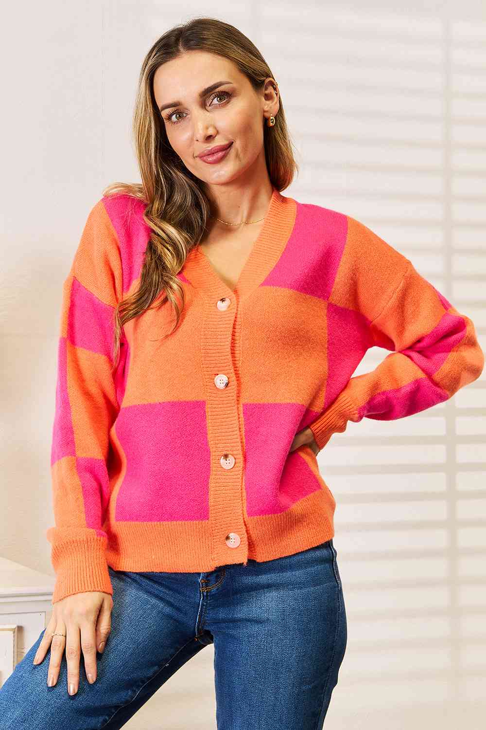 Checkered V-Neck Dropped Shoulder Cardigan - Body By J'ne