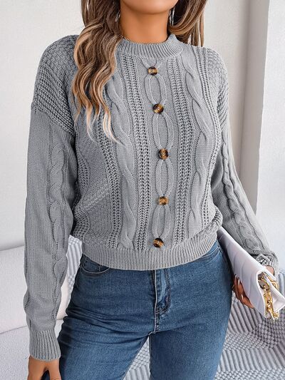 Cable-Knit Buttoned Round Neck Sweater - Body By J'ne