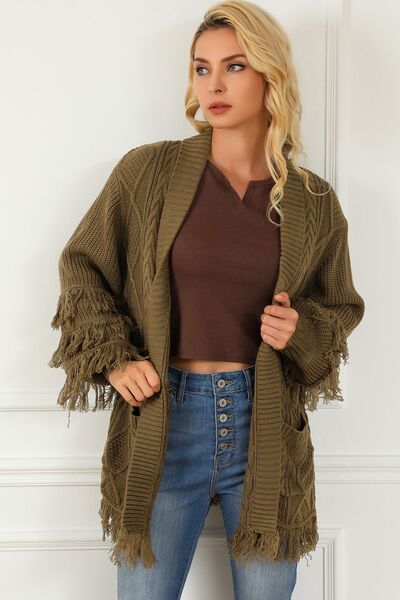 Cable-Knit Fringe Pocketed Cardigan - Body By J'ne