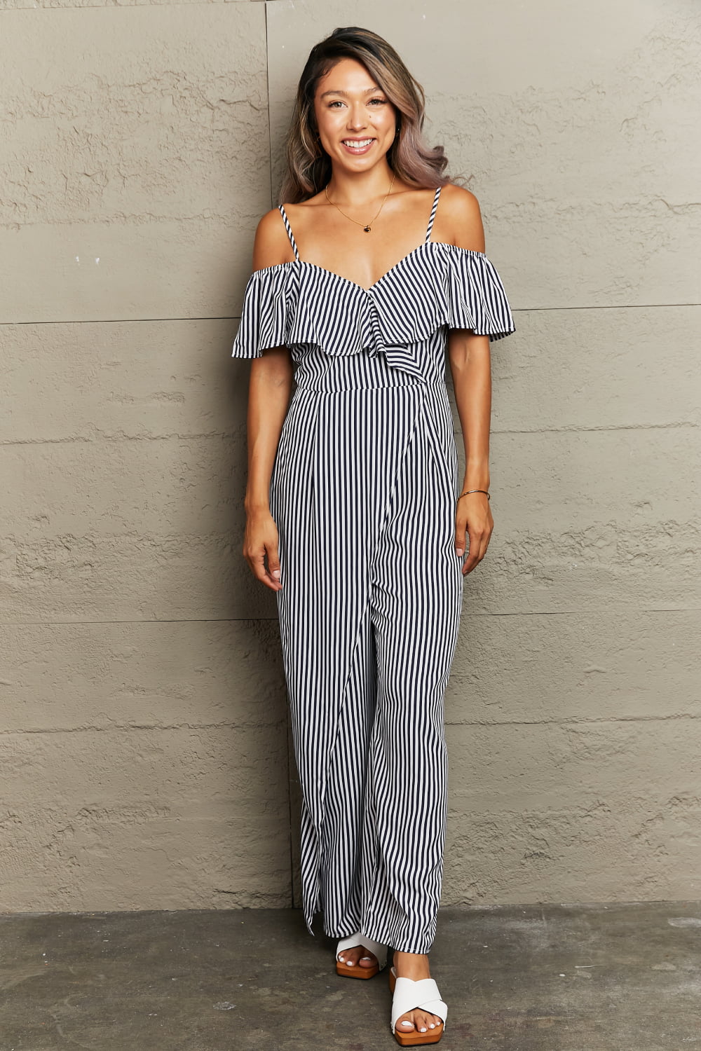 Striped Spaghetti Strap Cold-Shoulder Jumpsuit - Body By J'ne