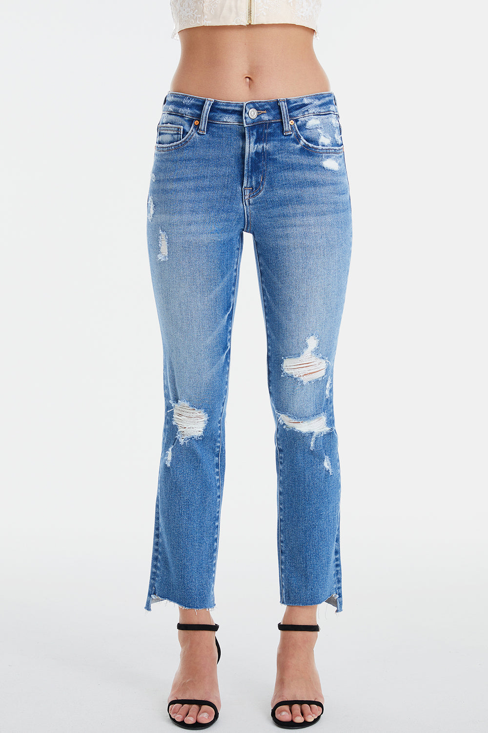 Mid Waist Distressed Ripped Straight Jeans - Body By J'ne