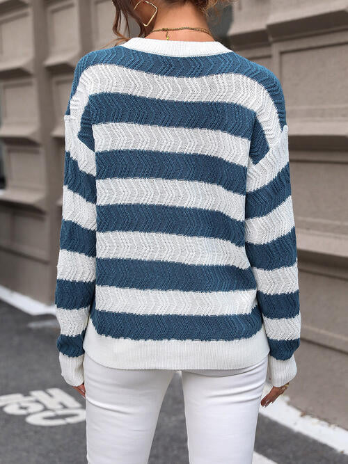 Striped Round Neck Dropped Shoulder Sweater - Body By J'ne