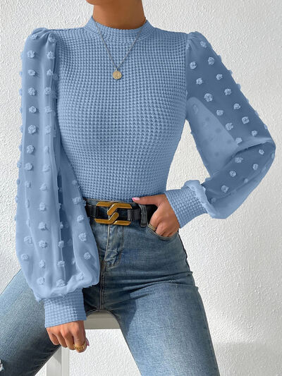 Swiss Dot Waffle-Knit Lantern Sleeve T-Shirt - Body By J'ne