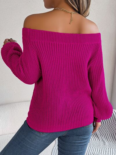 Openwork Off-Shoulder Long Sleeve Sweater - Body By J'ne