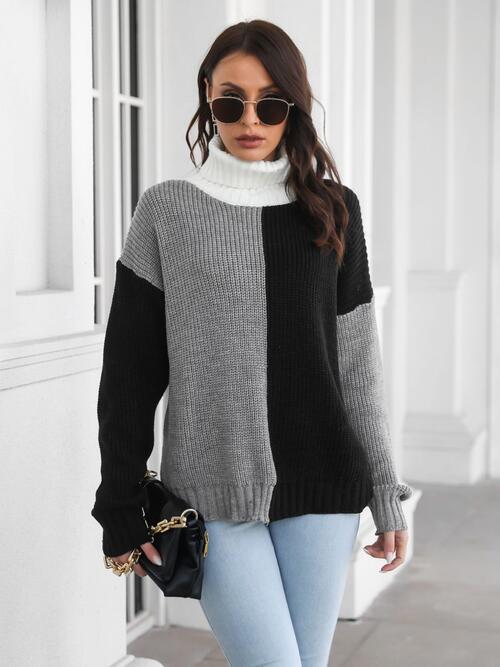 Contrast Turtleneck Long Sleeve Sweater - Body By J'ne