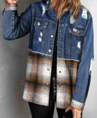 Plaid Distressed Raw Hem Snap Down Denim Jacket - Body By J'ne