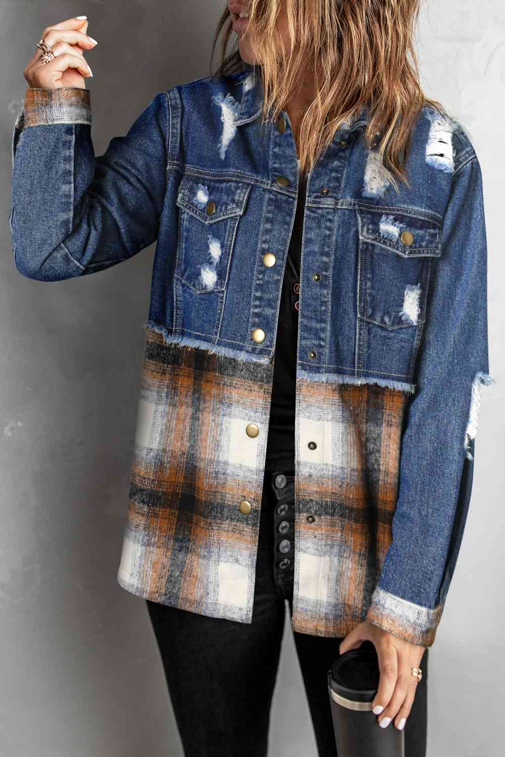 Plaid Distressed Raw Hem Snap Down Denim Jacket - Body By J'ne